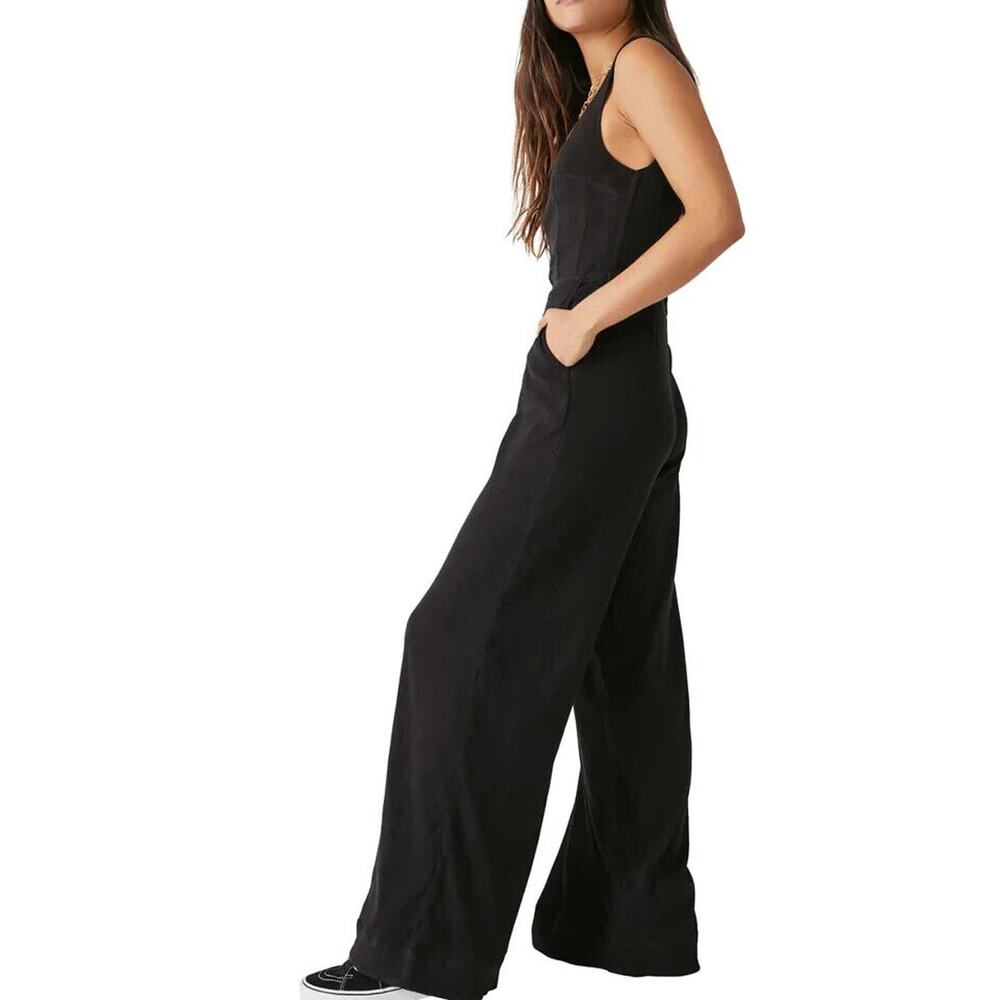 Free People NWT Sleeveless Iris Wide Leg Jumpsuit Black Size L - Picture 5 of 10